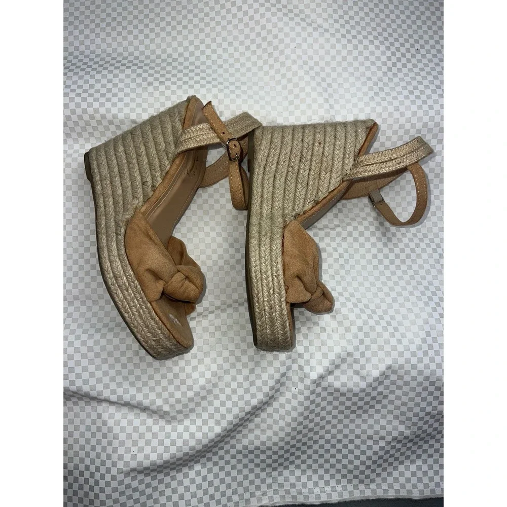 Glaze Tan Faux Suede Espadrille Wedge Sandals Bow Knot Ankle Strap‎ Size 9